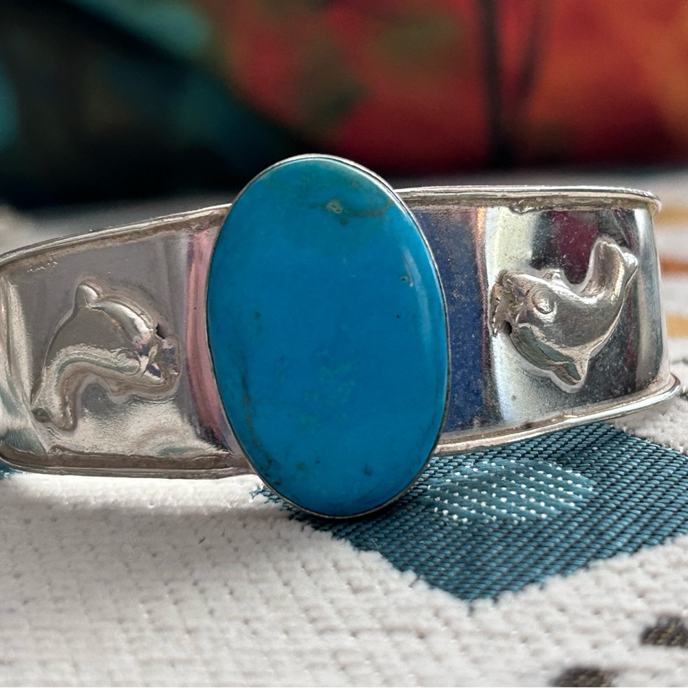 Sterling Silver Dolphin Bracelet with Turquoise Stone for larger wrist. Comfy